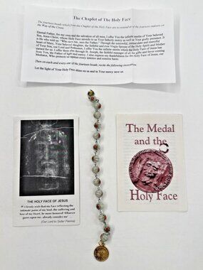 Handmade Catholic Holy Face of Jesus Medal Chaplet Beads & Prayer Cards Set NEW
